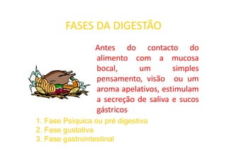 FASES DA DIGESTÃO
Antes do contacto do
alimento com a mucosa
bocal, um simples
pensamento, visão ou um
pensamento, visão ou um
aroma apelativos, estimulam
a secreção de saliva e sucos
gástricos
1. Fase Psíquica ou pré digestiva
1. Fase Psíquica ou pré digestiva
2. Fase gustativa
2. Fase gustativa
3. Fase gastrointestinal
3. Fase gastrointestinal
 