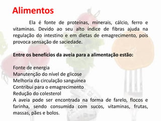 Alimentos
Ela é fonte de proteínas, minerais, cálcio, ferro e
vitaminas. Devido ao seu alto índice de fibras ajuda na
regulação do intestino e em dietas de emagrecimento, pois
provoca sensação de saciedade.
Entre os benefícios da aveia para a alimentação estão:
Fonte de energia
Manutenção do nível de glicose
Melhoria da circulação sanguínea
Contribui para o emagrecimento
Redução do colesterol
A aveia pode ser encontrada na forma de farelo, flocos e
farinha, sendo consumida com sucos, vitaminas, frutas,
massas, pães e bolos.
 