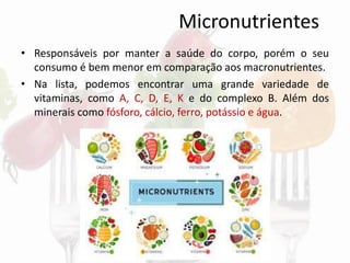 Micronutrientes
• Responsáveis por manter a saúde do corpo, porém o seu
consumo é bem menor em comparação aos macronutrientes.
• Na lista, podemos encontrar uma grande variedade de
vitaminas, como A, C, D, E, K e do complexo B. Além dos
minerais como fósforo, cálcio, ferro, potássio e água.
 