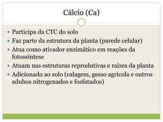 Cálcio (Ca)
 Participa da CTC do solo
 Faz parte da estrutura da planta (parede celular)
 Atua como ativador enzimático em reações da
fotossíntese
 Atuam nas estruturas reprodutivas e raízes da planta
 Adicionado ao solo (calagem, gesso agrícola e outros
adubos nitrogenados e fosfatados)
 