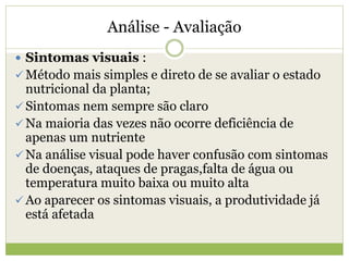 Análise - Avaliação
 Sintomas visuais :
 Método mais simples e direto de se avaliar o estado
nutricional da planta;
 Sintomas nem sempre são claro
 Na maioria das vezes não ocorre deficiência de
apenas um nutriente
 Na análise visual pode haver confusão com sintomas
de doenças, ataques de pragas,falta de água ou
temperatura muito baixa ou muito alta
 Ao aparecer os sintomas visuais, a produtividade já
está afetada
 