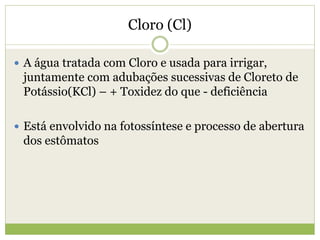 Cloro (Cl)
 A água tratada com Cloro e usada para irrigar,
juntamente com adubações sucessivas de Cloreto de
Potássio(KCl) – + Toxidez do que - deficiência
 Está envolvido na fotossíntese e processo de abertura
dos estômatos
 