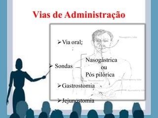 Vias de Administração
Via oral;
Nasogástrica
ou
Pós pilórica
 Sondas
Gastrostomia
Jejunostomia
 