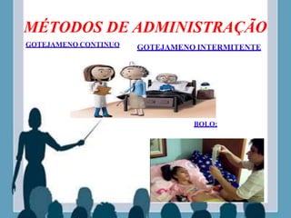 MÉTODOS DE ADMINISTRAÇÃO
GOTEJAMENO INTERMITENTE
GOTEJAMENO CONTINUO
BOLO:
 