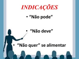 INDICAÇÕES
• “Não pode”
• “Não deve”
• “Não quer” se alimentar
 