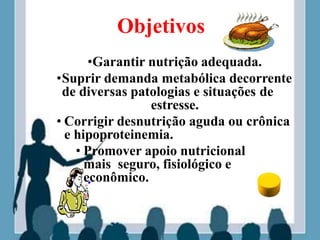 Objetivos
•Garantir nutrição adequada.
•Suprir demanda metabólica decorrente
de diversas patologias e situações de
estresse.
• Corrigir desnutrição aguda ou crônica
e hipoproteinemia.
• Promover apoio nutricional
mais seguro, fisiológico e
econômico.
 