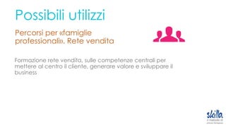 Possibili utilizzi
Percorsi per «famiglie
professionali». Rete vendita
Formazione rete vendita, sulle competenze centrali per
mettere al centro il cliente, generare valore e sviluppare il
business
 