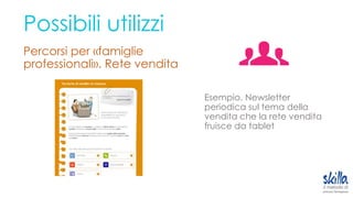 Possibili utilizzi
Percorsi per «famiglie
professionali». Rete vendita
Esempio. Newsletter
periodica sul tema della
vendita che la rete vendita
fruisce da tablet
 