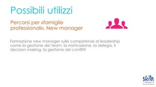 Possibili utilizzi
Percorsi per «famiglie
professionali». New manager
Formazione new manager sulle competenze di leadership
come la gestione dei team, la motivazione, la delega, il
decision making, la gestione dei conflitti
 