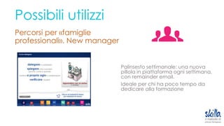 Possibili utilizzi
Percorsi per «famiglie
professionali». New manager
Palinsesto settimanale: una nuova
pillola in piattaforma ogni settimana,
con remainder email.
Ideale per chi ha poco tempo da
dedicare alla formazione
 