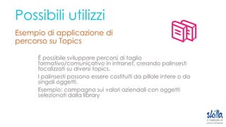 Possibili utilizzi
Esempio di applicazione di
percorso su Topics
È possibile sviluppare percorsi di taglio
formativo/comunicativo in intranet, creando palinsesti
focalizzati su diversi topics.
I palinsesti possono essere costituiti da pillole intere o da
singoli oggetti.
Esempio: campagna sui valori aziendali con oggetti
selezionati dalla library
 