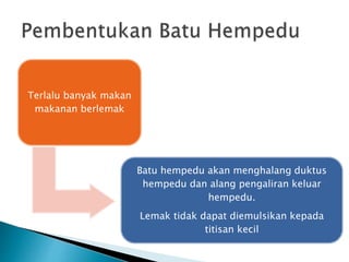Terlalu banyak makan
makanan berlemak
Batu hempedu akan menghalang duktus
hempedu dan alang pengaliran keluar
hempedu.
Lemak tidak dapat diemulsikan kepada
titisan kecil
 