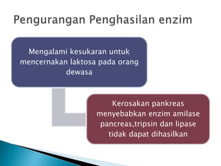 Mengalami kesukaran untuk
mencernakan laktosa pada orang
dewasa
Kerosakan pankreas
menyebabkan enzim amilase
pancreas,tripsin dan lipase
tidak dapat dihasilkan
 