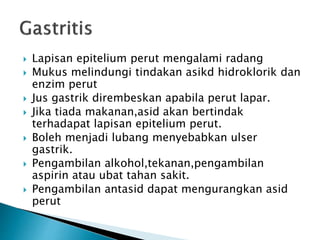  Lapisan epitelium perut mengalami radang
 Mukus melindungi tindakan asikd hidroklorik dan
enzim perut
 Jus gastrik dirembeskan apabila perut lapar.
 Jika tiada makanan,asid akan bertindak
terhadapat lapisan epitelium perut.
 Boleh menjadi lubang menyebabkan ulser
gastrik.
 Pengambilan alkohol,tekanan,pengambilan
aspirin atau ubat tahan sakit.
 Pengambilan antasid dapat mengurangkan asid
perut
 