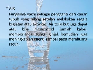 AIR
Fungsinya yakni sebagai pengganti dari cairan
tubuh yang hilang setelah melakukan segala
kegiatan atau aktivitas. Air tersebut juga dapat
atau bisa mengontrol jumlah kalori,
memperlancar fungsi ginjal, kemudian juga
meningkatkan energi sampai pada membuang
racun.
 