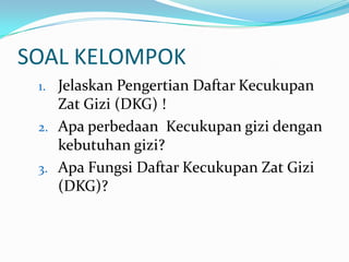 SOAL KELOMPOK
1. Jelaskan Pengertian Daftar Kecukupan
Zat Gizi (DKG) !
2. Apa perbedaan Kecukupan gizi dengan
kebutuhan gizi?
3. Apa Fungsi Daftar Kecukupan Zat Gizi
(DKG)?
 