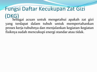 Fungsi Daftar Kecukupan Zat Gizi
(DKG)Sebagai acuan untuk mengetahui apakah zat gizi
yang terdapat dalam tubuh untuk mempertahankan
proses kerja tubuhnya dan menjalankan kegiatan-kegiatan
fisiknya sudah mencukupi energi standar atau tidak.
 