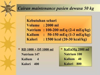 Cairan maintenance pasien dewasa 50 kg
 RD 1000 + D5 1000 ml
Natrium 147
Kalium 4
Kalori 400
 KaEnMg 2000 ml
Natrium 100
Kalium 40
Kalori 800
Kebutuhan sehari
Volume : 2000 ml
Natrium : 100-200 mEq (2-4 mEq/kg)
Kalium : 50-150 mEq (1-3 mEq/kg)
Kalori : 1500 kcal (20-30 kcal/kg)
 