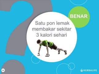 168
Satu pon lemak
membakar sekitar
3 kalori sehari
BENAR
 