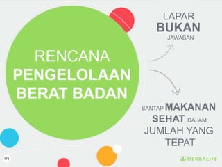 174
RENCANA
PENGELOLAAN
BERAT BADAN
LAPAR
BUKAN
JAWABAN
SANTAP MAKANAN
SEHAT DALAM
JUMLAH YANG
TEPAT
 