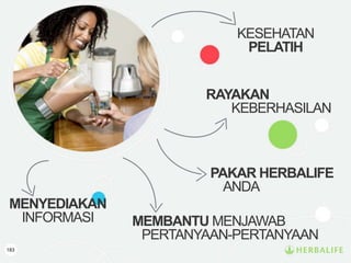 183
MENYEDIAKAN
INFORMASI
RAYAKAN
KEBERHASILAN
MEMBANTU MENJAWAB
PERTANYAAN-PERTANYAAN
PAKAR HERBALIFE
ANDA
KESEHATAN
PELATIH
 