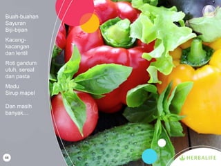 68
Buah-buahan
Sayuran
Biji-bijian
Kacang-
kacangan
dan lentil
Roti gandum
utuh, sereal
dan pasta
Madu
Sirup mapel
Dan masih
banyak…
 