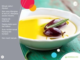 81
Minyak zaitun
Alpukat
Ikan yang ditangkap
di laut (vs. ditangkap
secara industri)
Daging tak
berlemak
Daging dada ayam
dan kalkun
Susu rendah lemak
Kacang dan
bij-bijian
Dan masih banyak…
 