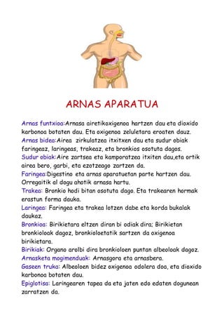 ARNAS APARATUA 
Arnas funtxioa:Arnasa airetikoxigenoa hartzen dau eta dioxido 
karbonoa botaten dau. Eta oxigenoa zeluletara eroaten dauz. 
Arnas bidea:Airea zirkulatzea itxitxen dau eta sudur obiak 
faringeaz, laringeas, trakeaz, eta bronkios osotuta dagos. 
Sudur obiak:Aire zartsea eta kamporatzea itxiten dau,eta ortik 
airea bero, garbi, eta ezotzeago zartzen da. 
Faringea:Digestino eta arnas aparatuetan parte hartzen dau. 
Orregaitik al dogu ahotik arnasa hartu. 
Trakea: Bronkio hodi bitan osotuta dago. Eta trakearen hormak 
erastun forma dauka. 
Laringea: Faringea eta trakea lotzen dabe eta korda bukalak 
daukaz. 
Bronkioa: Birikietara eltzen diran bi odiak dira; Birikietan 
bronkioloak dagoz, bronkioloetatik sartzen da oxigenoa 
birikietara. 
Birikiak: Organo arolbi dira bronkioloen puntan albeoloak dagoz. 
Arnasketa mogimenduak: Arnasgora eta arnasbera. 
Gaseen truka: Albeoloen bidez oxigenoa odolera doa, eta dioxido 
karbonoa botaten dau. 
Epiglotisa: Laringearen tapea da eta jaten edo edaten dogunean 
zarratzen da. 
 