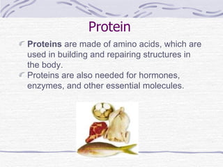 Protein Proteins  are made of amino acids, which are used in building and repairing structures in the body. Proteins are also needed for hormones, enzymes, and other essential molecules. 