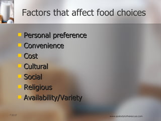 Factors that affect food choices Personal preference Convenience Cost Cultural Social Religious Availability/Variety 