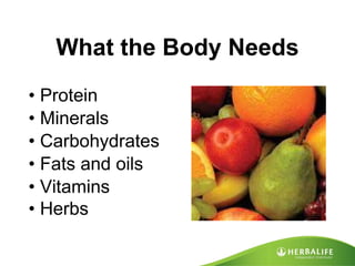What the Body Needs •  Protein •  Minerals •  Carbohydrates •  Fats and oils •  Vitamins •  Herbs   