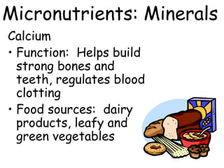 Micronutrients: Minerals
Calcium
• Function: Helps build
  strong bones and
  teeth, regulates blood
  clotting
• Food sources: dairy
  products, leafy and
  green vegetables
 