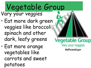 Vegetable Group
Vary your veggies
• Eat more dark green
  veggies like broccoli,
  spinach and other
  dark, leafy greens
• Eat more orange
  vegetables like
  carrots and sweet
  potatoes
 