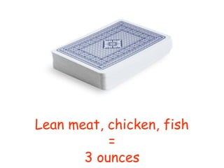 Lean meat, chicken, fish
=
3 ounces
 
