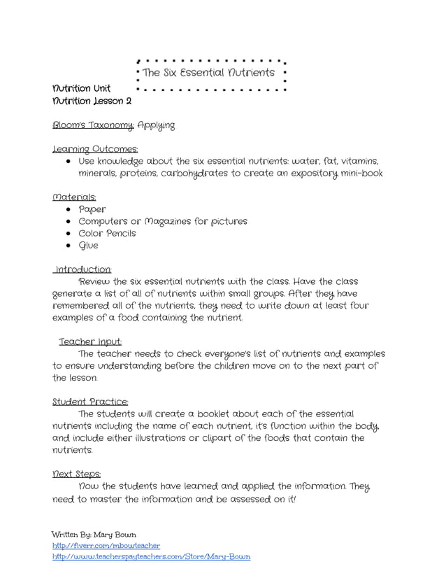 The Six Essential Nutrients Lesson Plan And Worksheet