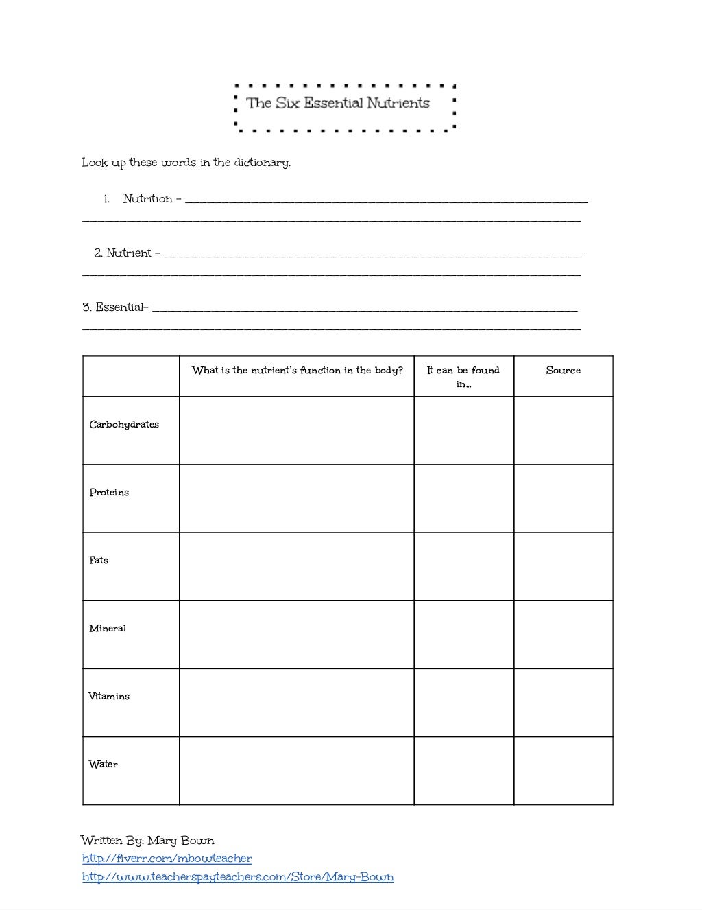 The Six Essential Nutrients: Lesson Plan And Worksheet