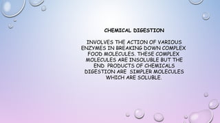 CHEMICAL DIGESTION
INVOLVES THE ACTION OF VARIOUS
ENZYMES IN BREAKING DOWN COMPLEX
FOOD MOLECULES. THESE COMPLEX
MOLECULES ARE INSOLUBLE BUT THE
END PRODUCTS OF CHEMICALS
DIGESTION ARE SIMPLER MOLECULES
WHICH ARE SOLUBLE.

 