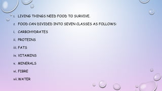 1.

LIVING THINGS NEED FOOD TO SURVIVE.

2.

FOOD CAN DIVIDED INTO SEVEN CLASSES AS FOLLOWS:

i. CARBOHYDRATES
ii. PROTEINS
iii. FATS
iv. VITAMINS
v. MINERALS
vi. FIBRE
vii.WATER

 