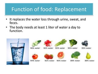 Function of food: Replacement 
• It replaces the water loss through urine, sweat, and 
feces. 
• The body needs at least 1 liter of water a day to 
function. 
 