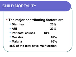 CHILD MORTALITY
The major contributing factors are:
Diarrhea 20%
ARI 20%
Perinatal causes 18%
Measles 07%
Malaria 05%
55% of the total have malnutrition
 