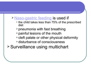  Naso-gastric feeding is used if
 the child takes less than 75% of the prescribed
diet
 pneumonia with fast breathing
 painful lesions of the mouth
 cleft palate or other physical deformity
 disturbance of consciousness
Surveillance using multichart
 