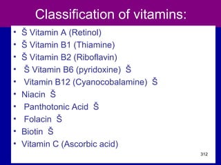 Classification of vitamins:
• Š Vitamin A (Retinol)
• Š Vitamin B1 (Thiamine)
• Š Vitamin B2 (Riboflavin)
• Š Vitamin B6 (pyridoxine) Š
• Vitamin B12 (Cyanocobalamine) Š
• Niacin Š
• Panthotonic Acid Š
• Folacin Š
• Biotin Š
• Vitamin C (Ascorbic acid)
312
 