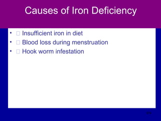 Causes of Iron Deficiency
• � Insufficient iron in diet
• � Blood loss during menstruation
• � Hook worm infestation
374
 