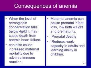 Consequences of anemia
• When the level of
hemoglobin
concentration falls
below 4g/ld it may
cause death from
anemic heart failure.
• can also cause
increased maternal
mortality due to
adverse immune
reaction,
• Maternal anemia can
cause prenatal infant
loss, low birth weight
and prematurity,
• Prenatal deaths
• Reduces work
capacity in adults and
learning ability in
children.
377
 