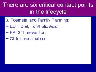There are six critical contact points
in the lifecycle
3. Postnatal and Family Planning:
•• EBF, Diet, Iron/Folic Acid
•• FP, STI prevention
•• Child's vaccination
565
 