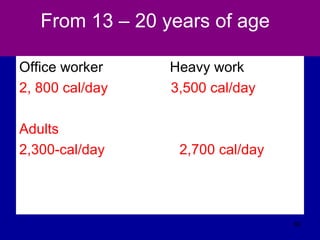 From 13 – 20 years of age
Office worker Heavy work
2, 800 cal/day 3,500 cal/day
Adults
2,300-cal/day 2,700 cal/day
60
 