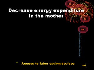 Decrease energy expenditure
in the mother
UNICEF/93-COU-0931/Ethiopia/Thomas

Access to labor saving devices 604
 