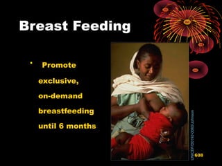 Breast Feeding

Promote
exclusive,
on-demand
breastfeeding
until 6 months
UNICEF/D0192-0060/Johnson
608
 