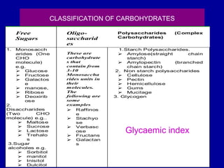 71
CLASSIFICATION OF CARBOHYDRATES
Free
Sugars
Oligo-
saccharid
es
Polysaccharides (Complex
Carbohydrates)
1. Monosacch
arides (One
CHO
molecule)
e.g.
 Glucose
 Fructose
 Galactos
e
 manose,
 Ribose
 Deoxirib
ose
2.
Disaccharides
(Two CHO
molecule) e.g..
 Maltose
 Sucrose
 Lactose
 Trehalo
s
3.Sugar
alcoholes e.g.
 Sorbitol
 manitol
 Inisitol
 Dulcitol
These are
carbohydrate
s that
contain from
3-10
Monosaccha
rides units in
their
molecules.
The
following are
some
examples
 Raffinos
e
 Stachyo
se
 Verbasc
ose
 Fructans
 Galactan
s
1.Starch Polysaccharides.
 Amylose(straight chain
starch)
 Amylopectin (branched
chain starch)
2. Non starch polysaccharides
 Cellulose
 Pectin
 Hemicellulose
 Gums
 Mucilage
3. Glycogen
Glycaemic index
 
