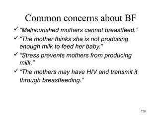 Common concerns about BF
“Malnourished mothers cannot breastfeed.”
“The mother thinks she is not producing
enough milk to feed her baby.”
“Stress prevents mothers from producing
milk.”
“The mothers may have HIV and transmit it
through breastfeeding.”
720
 